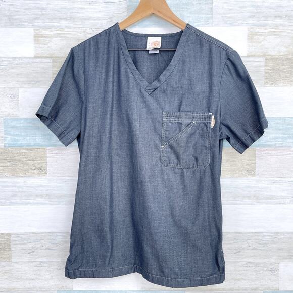 Koi Chambray V Neck Scrub Top Gray Chest Pocket Nursing Medical Womens Small - Picture 1 of 6